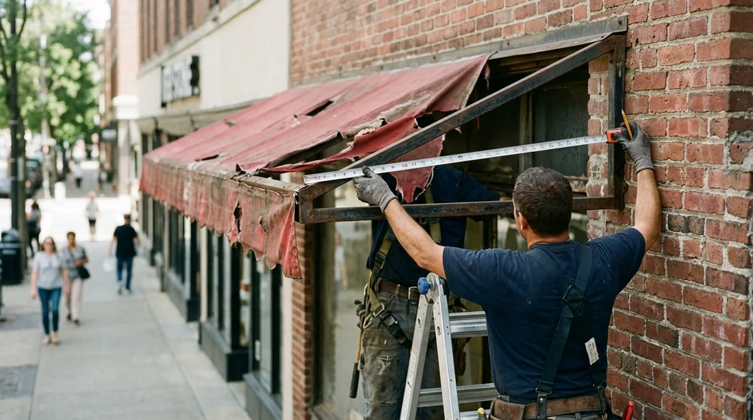 Every awning gets field-measured, since frames drift out of square over time — Greensboro, NC