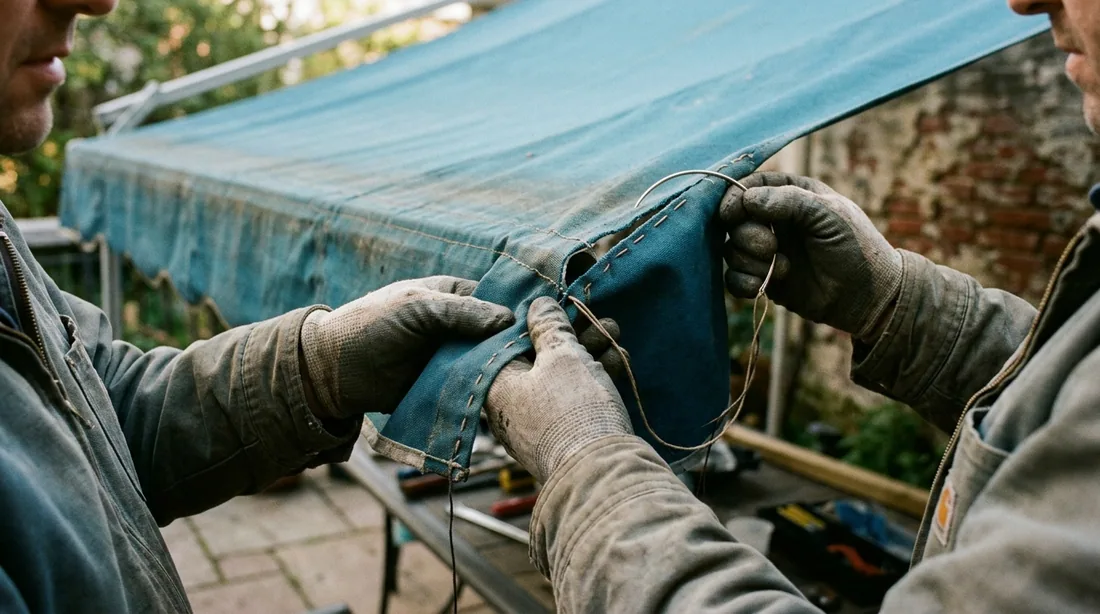 Patching tears, resewing blown seams, and relacing fabric to the frame — Greensboro, NC