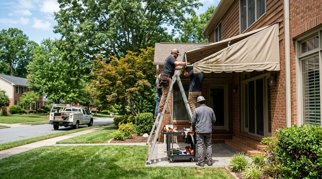 A small professional crew working on a awning repair job at a property, seen from behind and at a — Greensboro, NC